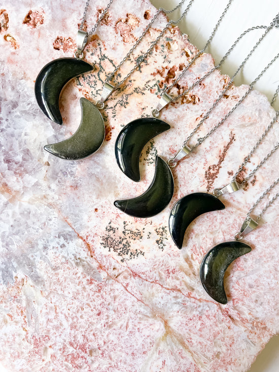 Gold Sheen Obsidian Crescent Moon Necklaces