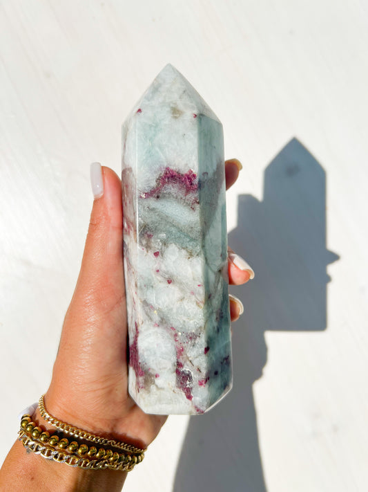 70 Pink Tourmaline, Smokey Quartz, Aquamarine Tower