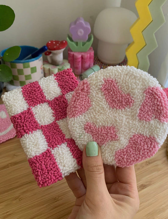 Pink and white checkered coaster
